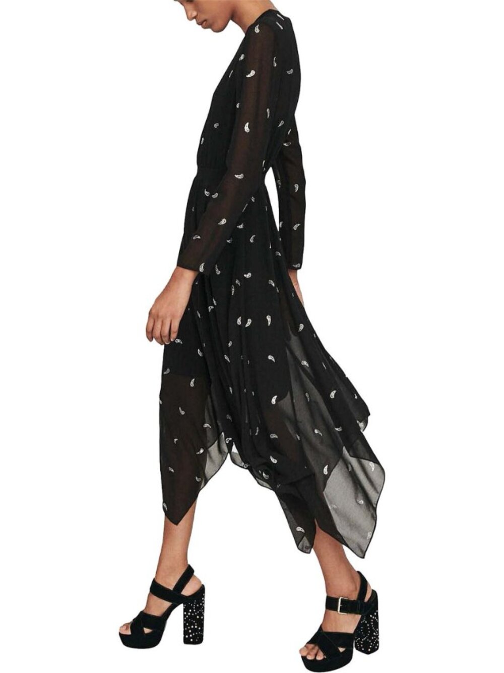 MAJE Rabilo Paisley Embellished Midi Dress Black Flowy Sheer Chic French